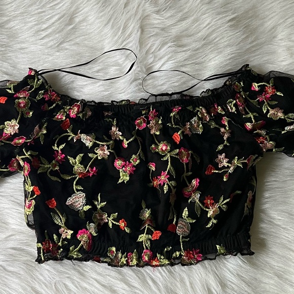 Ambiance Black Floral Off-Shoulder Blouse - Picture 1 of 4